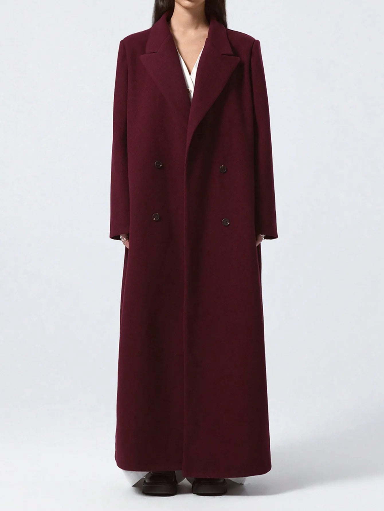 Wine-Red Women’s Slim-Fit Woolen Overcoat – Hepburn-Style Long Autumn Coat, Knee-Length, Double-Breasted Elegance