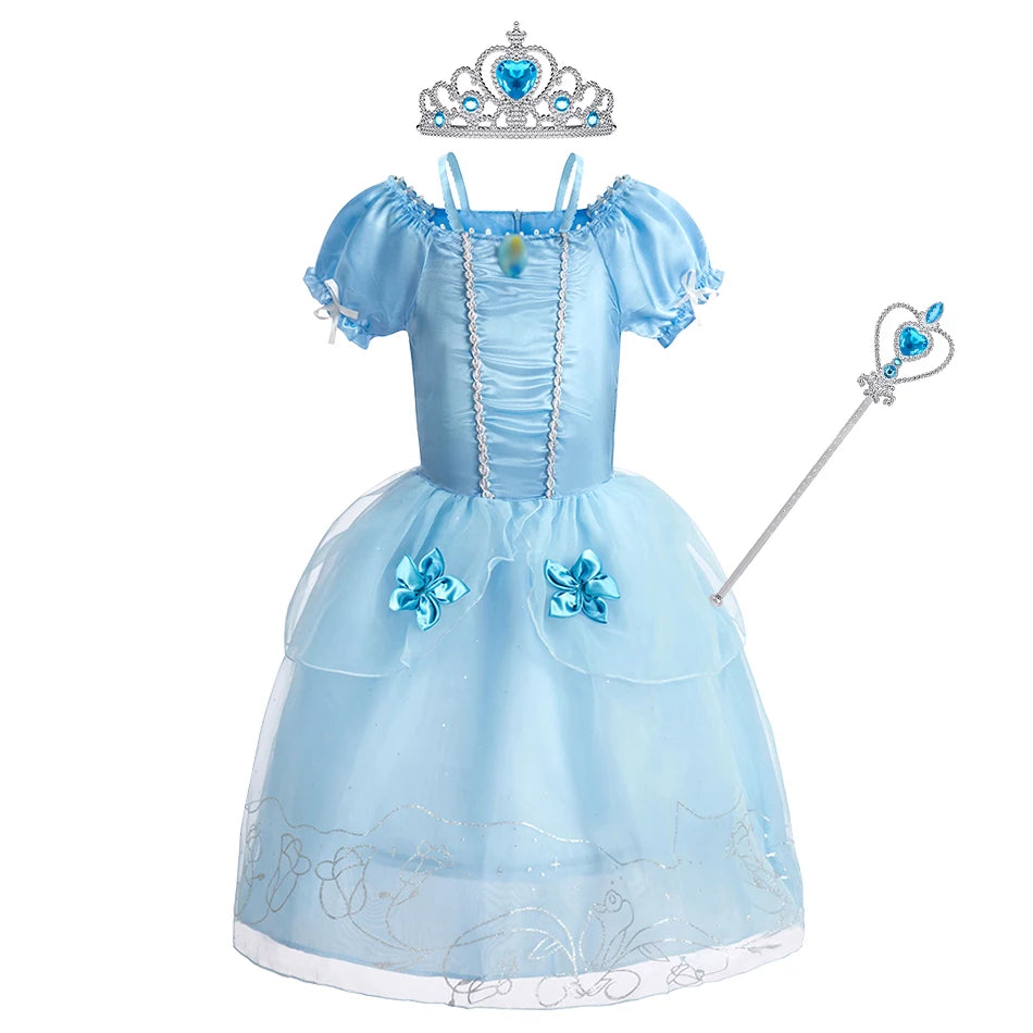 Dreamy Performance Gown! Little Girls' Cinderella Cosplay Dress – Blue Princess, Appliques & Bubble Sleeves