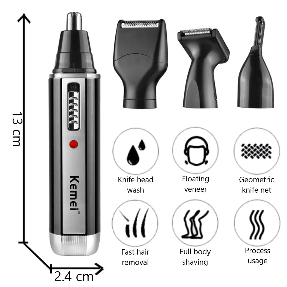 All-in-One Grooming! Kemei 4-in-1 Rechargeable Trimmer – Nose, Ear, Beard & Eyebrow Hair Removal Kit