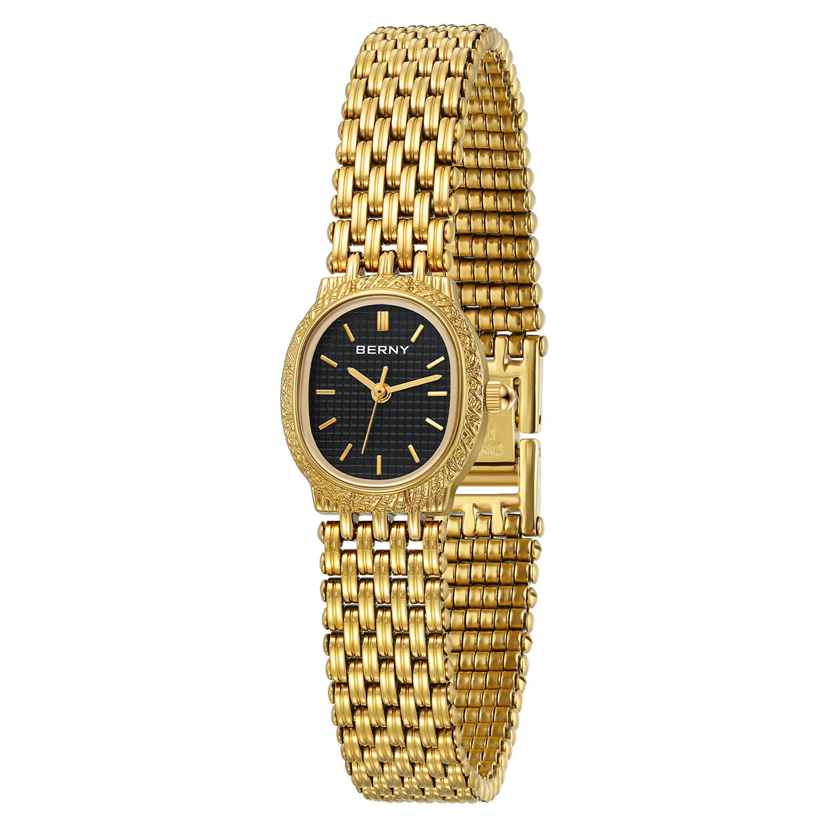 Slim Elegance! BERNY Oval Gold Quartz Ladies Watch – Swiss Movement, Ultra-Thin Case, Stainless Steel Bracelet, 30M Waterproof