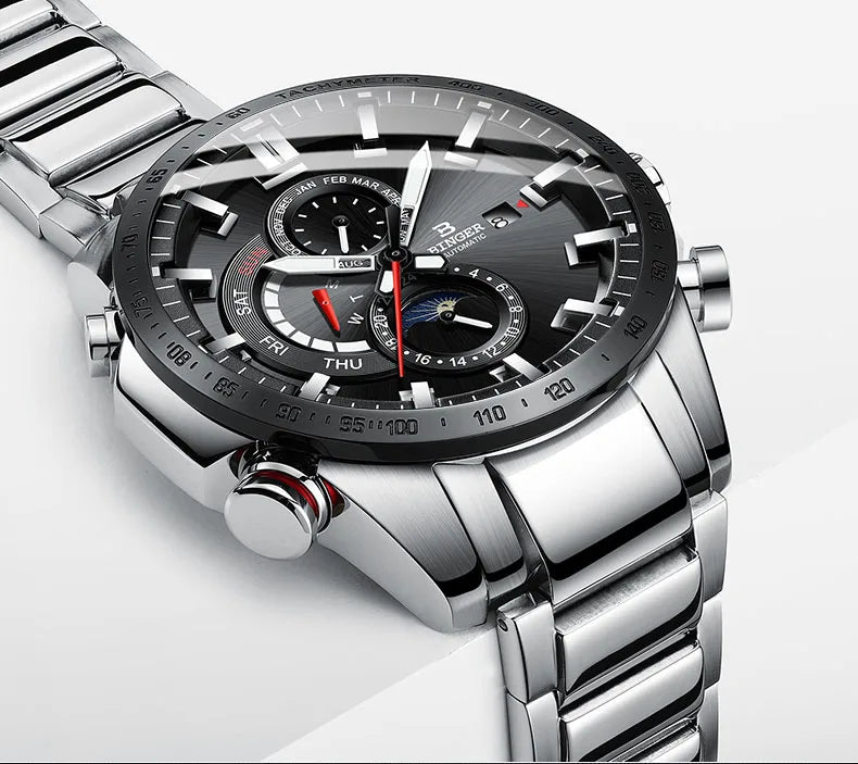 Genuine Luxury! BINGER Swiss Brand Automatic Mechanical Watch – Moon Phase, Luminous, Sapphire Crystal, 50M Waterproof