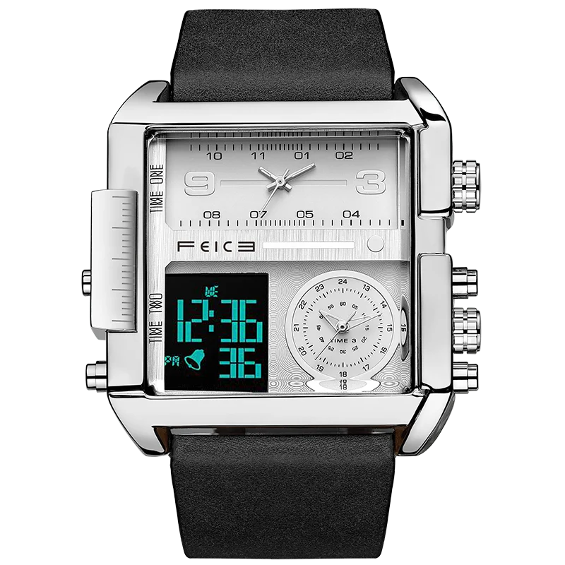 Statement Piece! FEICE FK030 Men's Big Square Dial Watch – Digital LED & Analog Display, Waterproof, Unique Leather Band