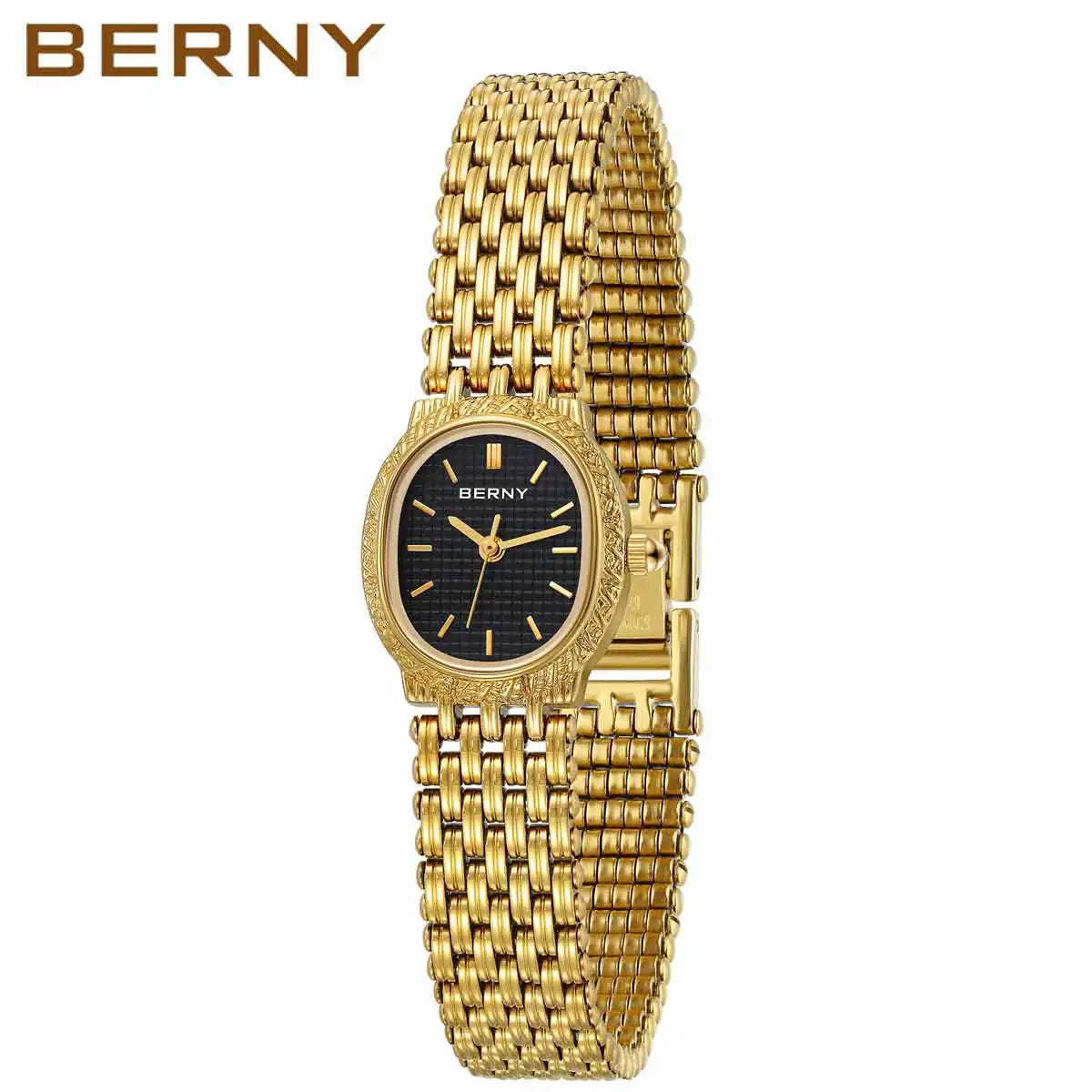 Slim Elegance! BERNY Oval Gold Quartz Ladies Watch – Swiss Movement, Ultra-Thin Case, Stainless Steel Bracelet, 30M Waterproof
