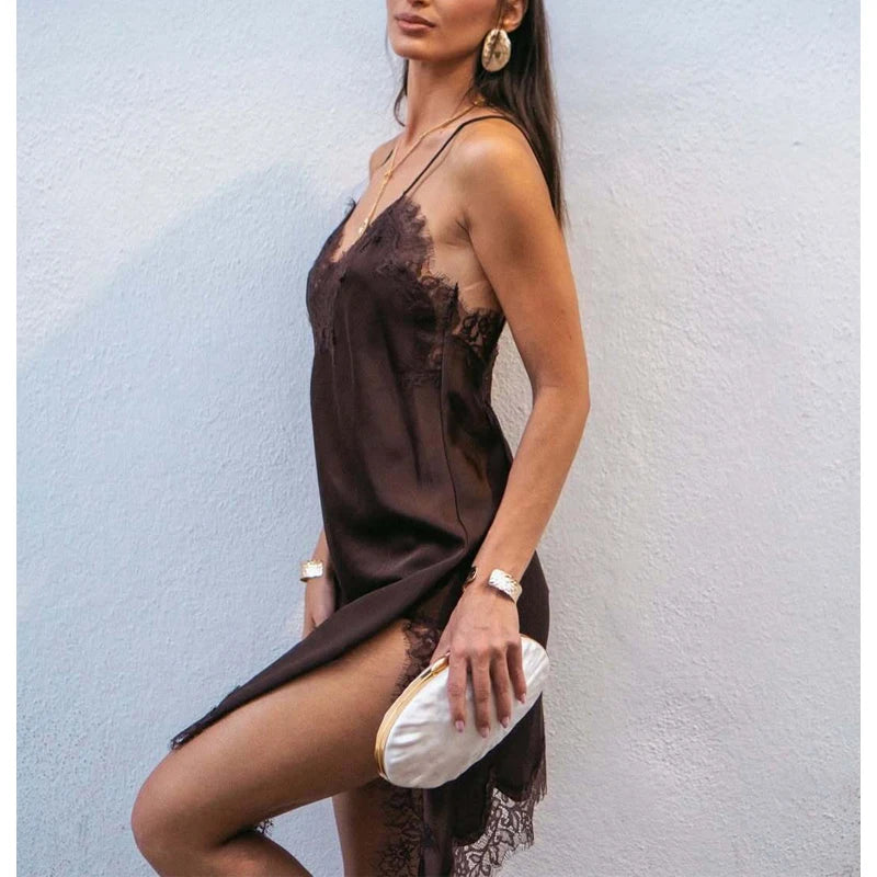 Satin Siren! MUJER Sexy Lace Slip Mini Dress – Backless, Asymmetric Hem, Perfect for Summer Parties & Beach Glamour