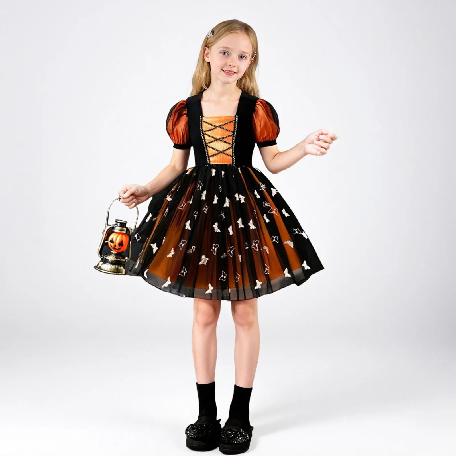 Festival Fun! Girls' Vintage Printed Ball Gown – Bubble Sleeve, Mesh Design, Perfect for Halloween & Cosplay Performance
