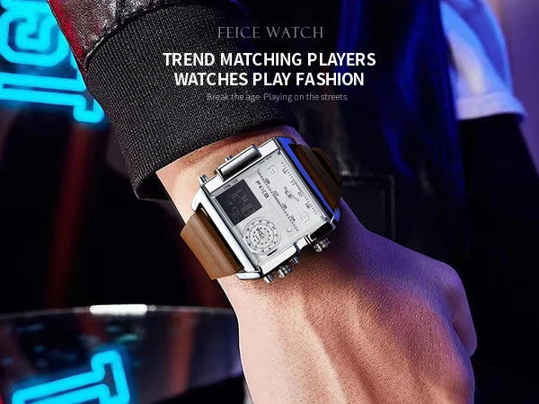 Statement Piece! FEICE FK030 Men's Big Square Dial Watch – Digital LED & Analog Display, Waterproof, Unique Leather Band