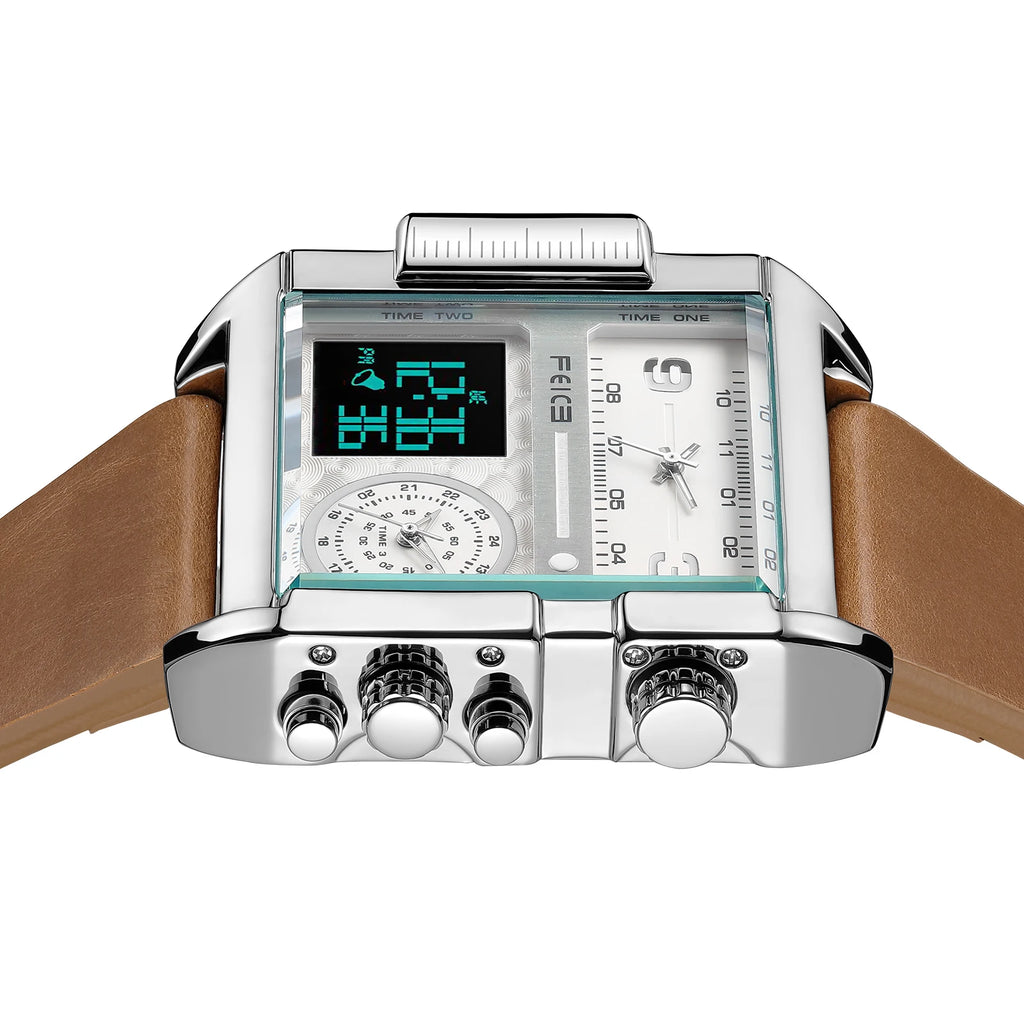 Statement Piece! FEICE FK030 Men's Big Square Dial Watch – Digital LED & Analog Display, Waterproof, Unique Leather Band