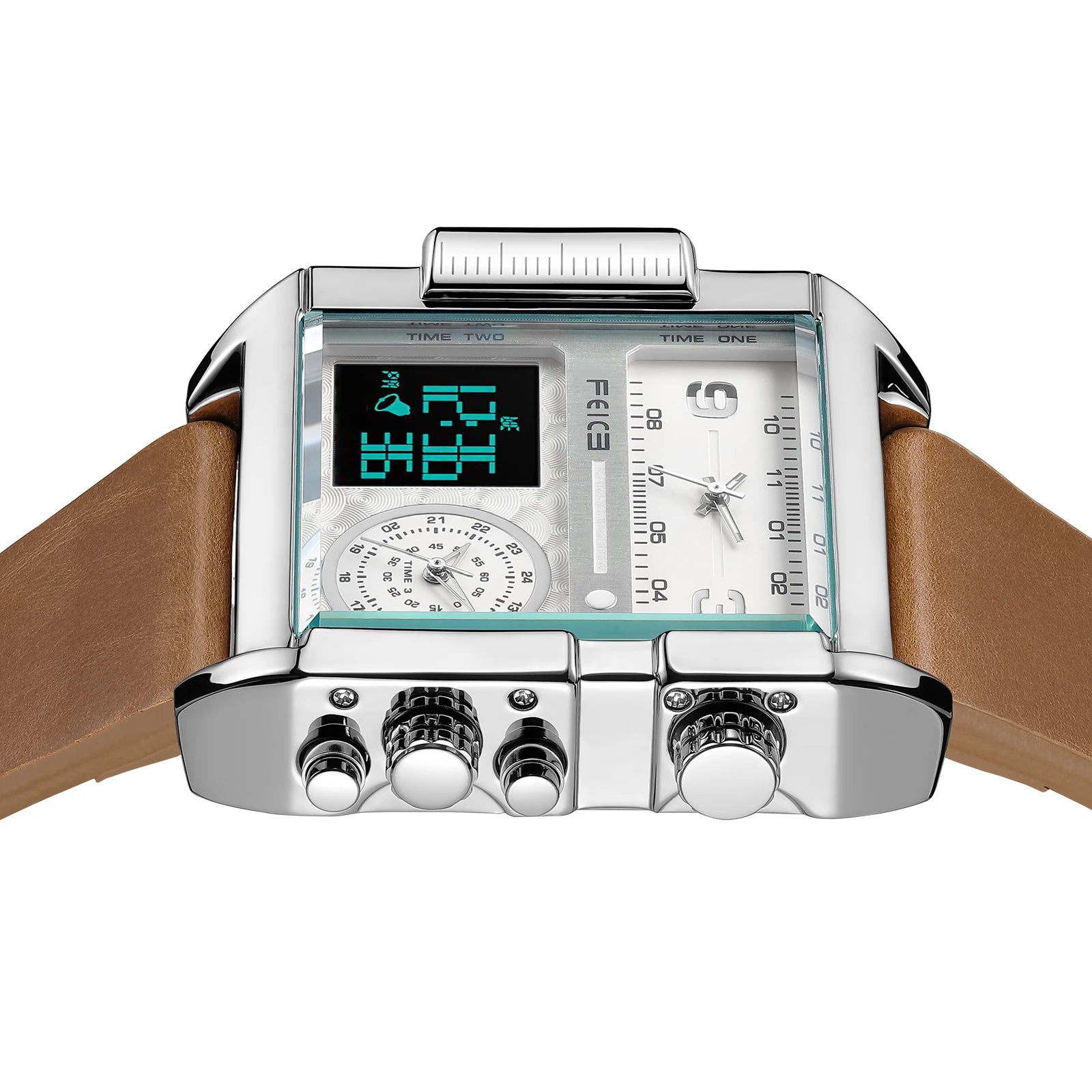 Statement Piece! FEICE FK030 Men's Big Square Dial Watch – Digital LED & Analog Display, Waterproof, Unique Leather Band