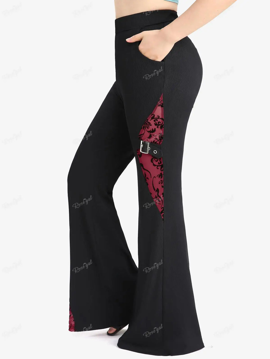 ROSEGAL Plus Size Women’s High-Stretch Casual Flare Pants with Floral Mesh Flocking and Buckle Grommet Details