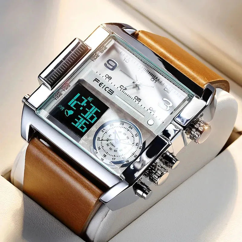 Statement Piece! FEICE FK030 Men's Big Square Dial Watch – Digital LED & Analog Display, Waterproof, Unique Leather Band