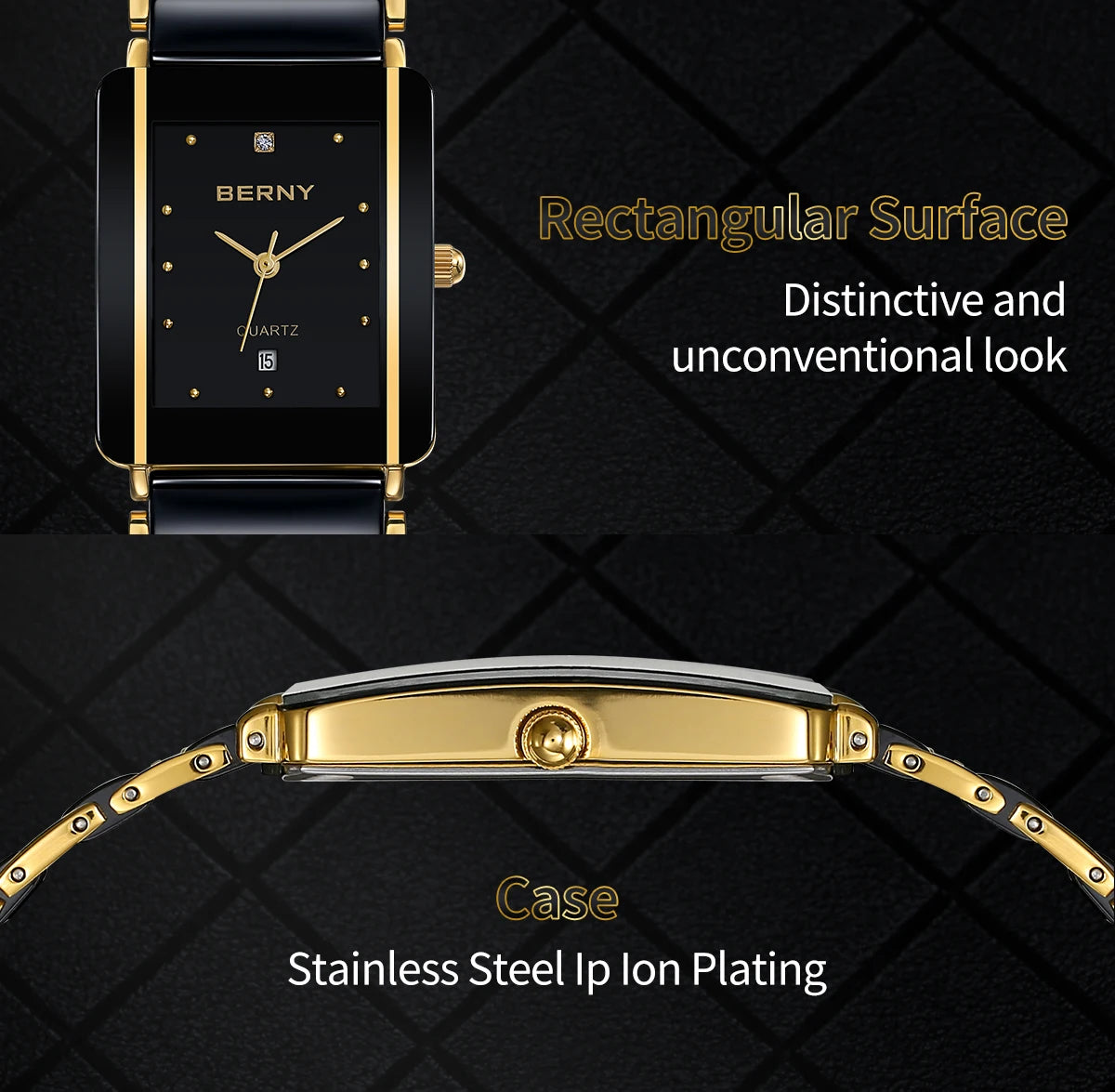 Couple's Luxury! BERNY Ceramic Quartz Rectangle Watch – Black Gold, Calendar, 30M Waterproof, Sapphire Coated Lens