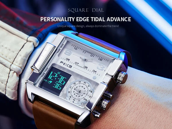 Statement Piece! FEICE FK030 Men's Big Square Dial Watch – Digital LED & Analog Display, Waterproof, Unique Leather Band