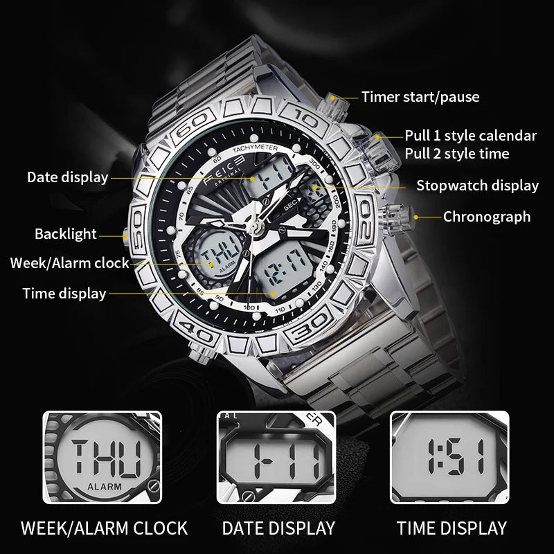 Original Retro Design! FEICE FK817 Dual Display Quartz Watch – Luminous, Waterproof, 8-Function Sport Chronograph