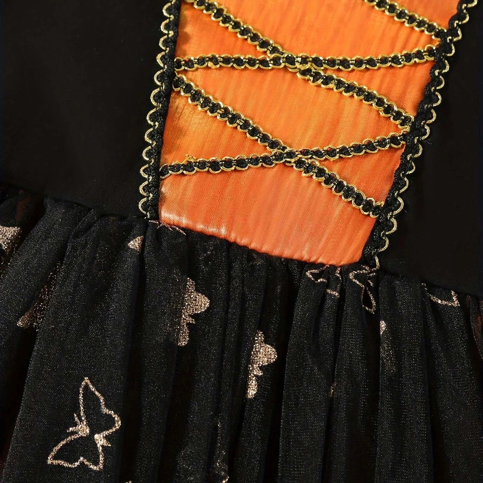 Festival Fun! Girls' Vintage Printed Ball Gown – Bubble Sleeve, Mesh Design, Perfect for Halloween & Cosplay Performance