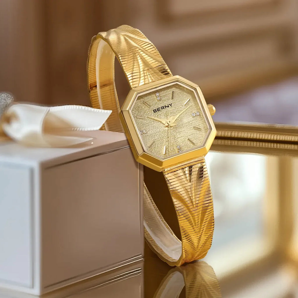 Luxury Small Watch! BERNY Gold Tone Octagonal Quartz Ladies Watch – Grit Dial, Stainless Steel, IP Gold Plated, Waterproof