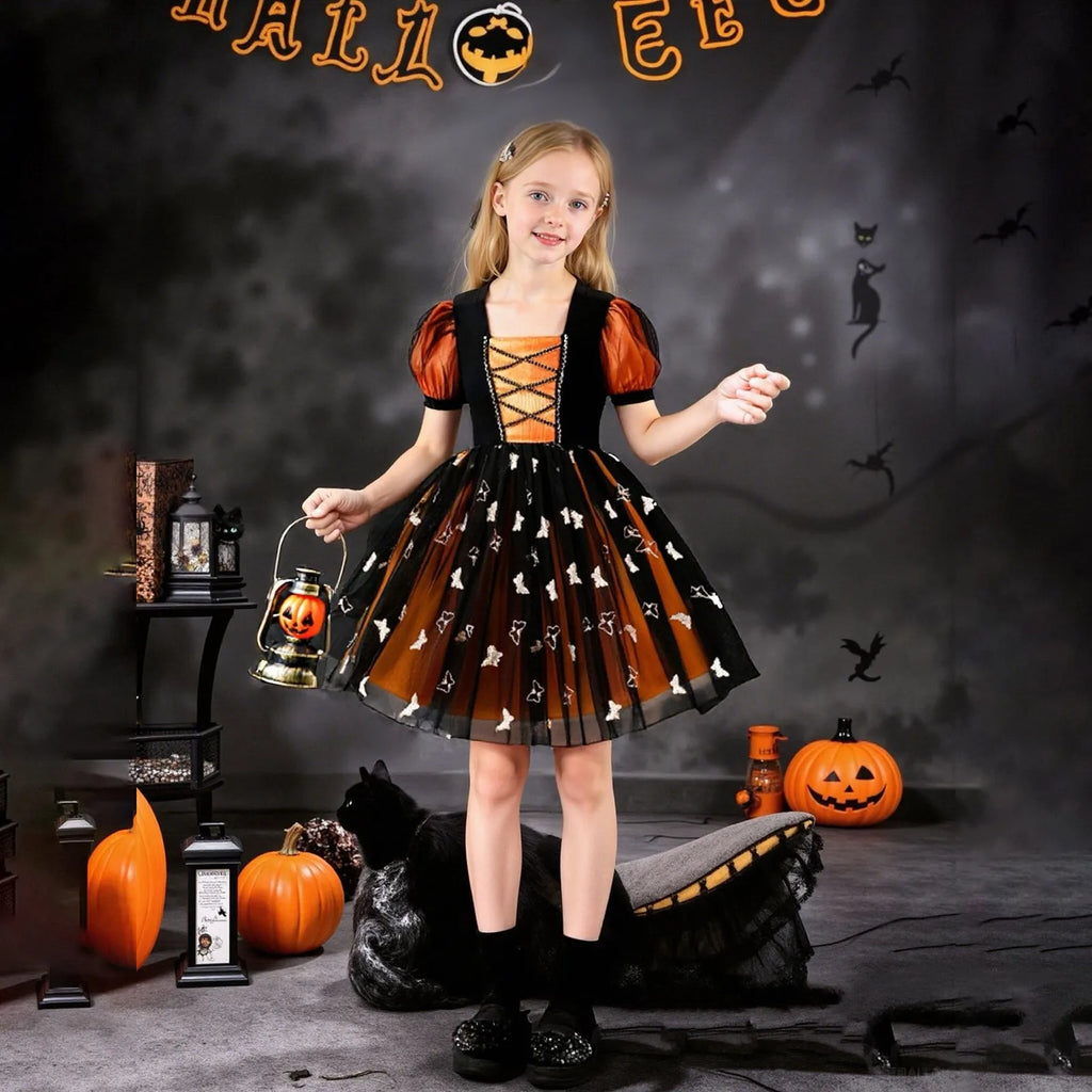 Festival Fun! Girls' Vintage Printed Ball Gown – Bubble Sleeve, Mesh Design, Perfect for Halloween & Cosplay Performance