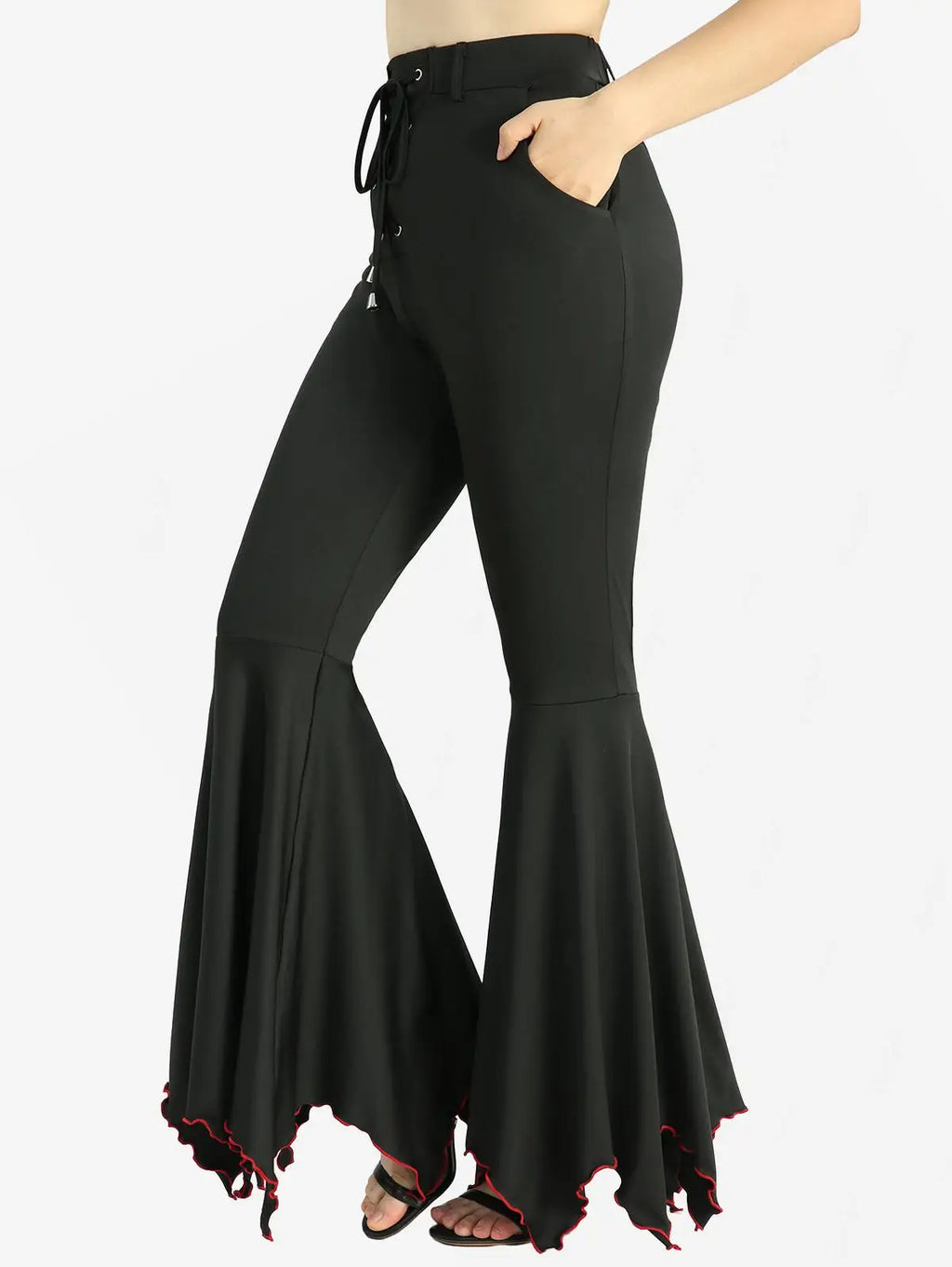 Rosegal Plus Size Lace-Up Contrast Piping Flare Pants – High Waist Wide-Leg Elegance