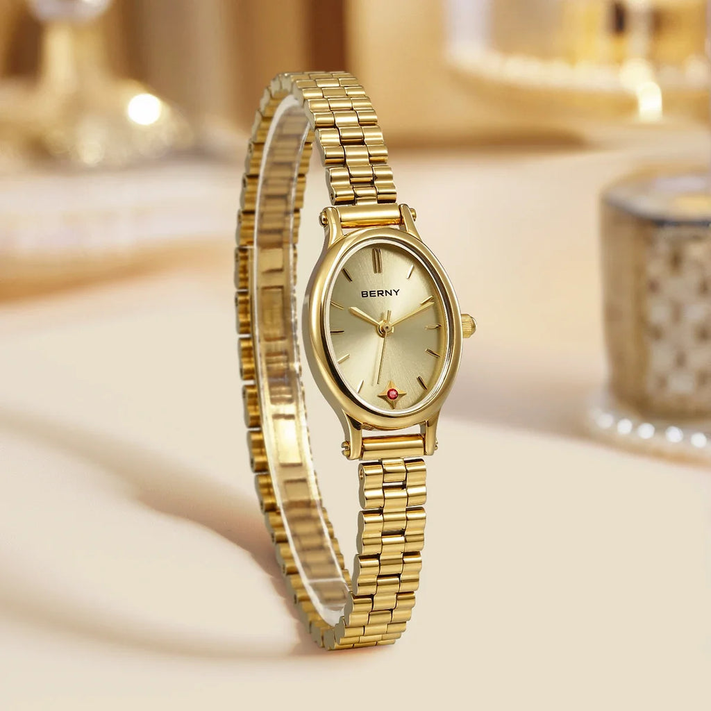 Jewelry Elegance! BERNY Gold Oval Quartz Watch for Women – Ruby Dotted Dial, Ultra-Thin, Butterfly Clasp, 30M Waterproof