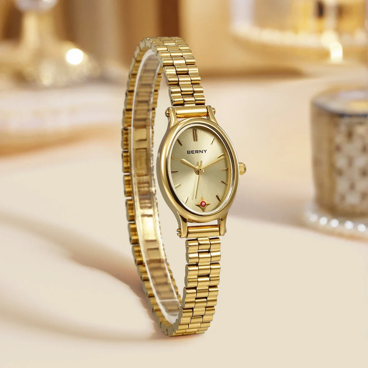 Jewelry Elegance! BERNY Gold Oval Quartz Watch for Women – Ruby Dotted Dial, Ultra-Thin, Butterfly Clasp, 30M Waterproof