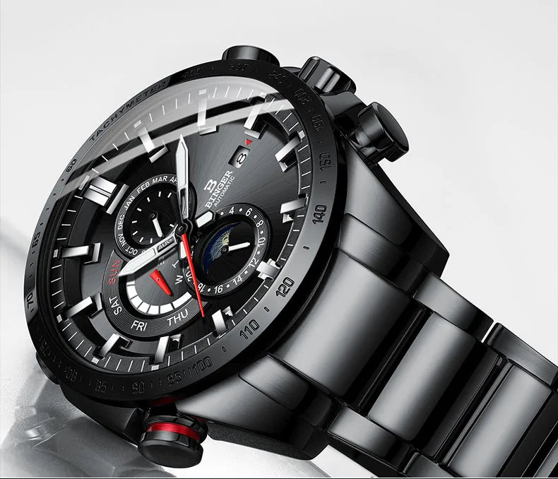 Genuine Luxury! BINGER Swiss Brand Automatic Mechanical Watch – Moon Phase, Luminous, Sapphire Crystal, 50M Waterproof