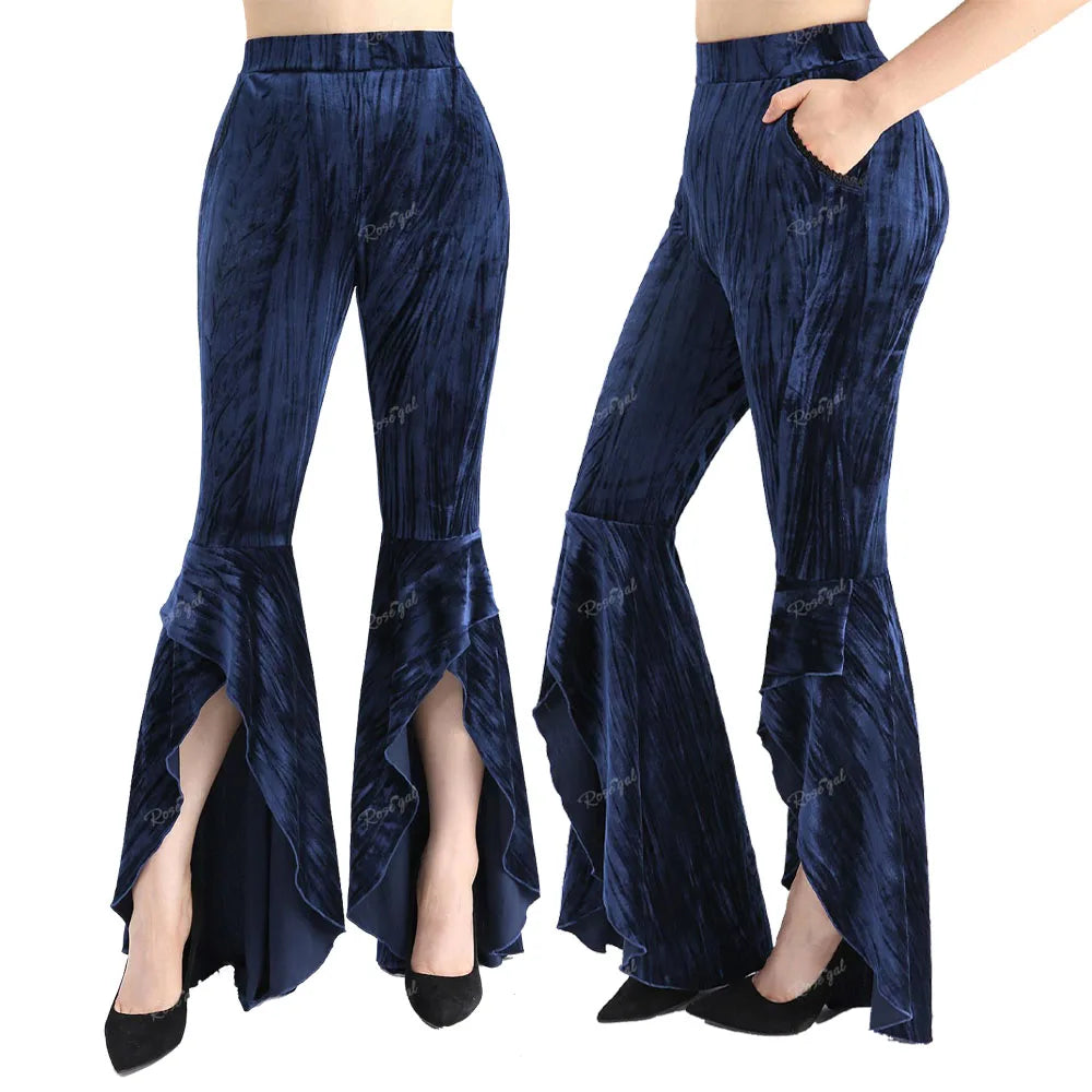 Y2K Revival! ROSE GAL Plus Size Asymmetric Velvet Flare Pants – High-Low Ruffles, Elastic Waist, Perfect for Night Out