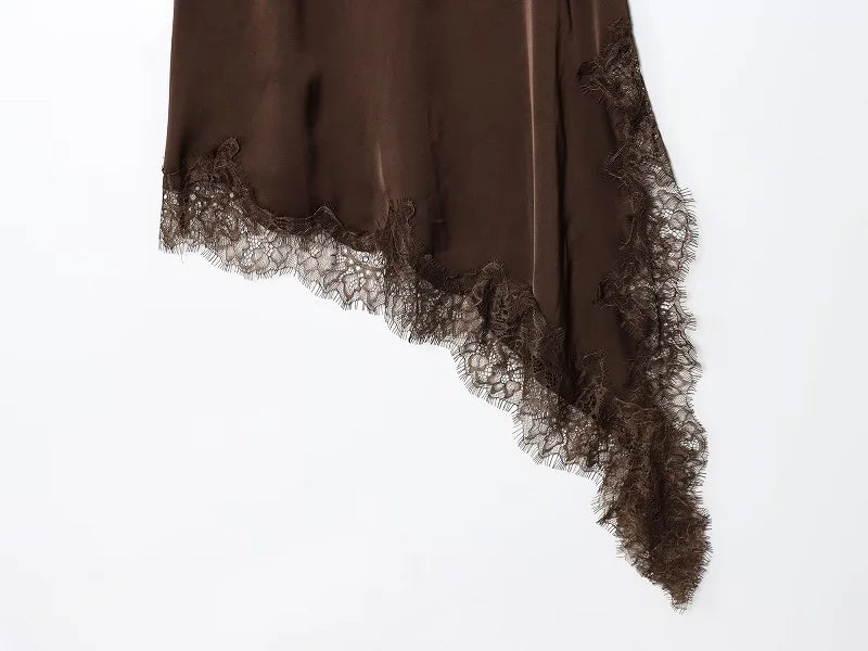 Satin Siren! MUJER Sexy Lace Slip Mini Dress – Backless, Asymmetric Hem, Perfect for Summer Parties & Beach Glamour