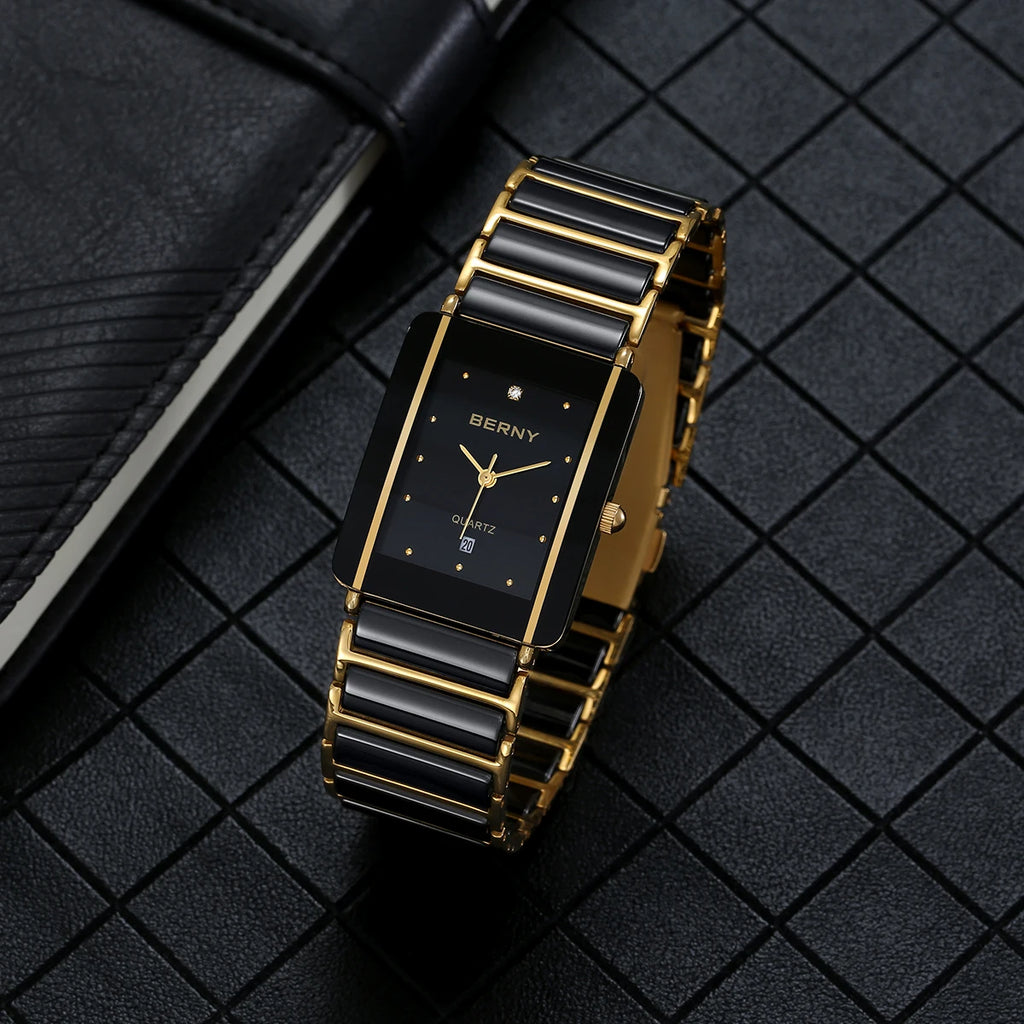 Couple's Luxury! BERNY Ceramic Quartz Rectangle Watch – Black Gold, Calendar, 30M Waterproof, Sapphire Coated Lens