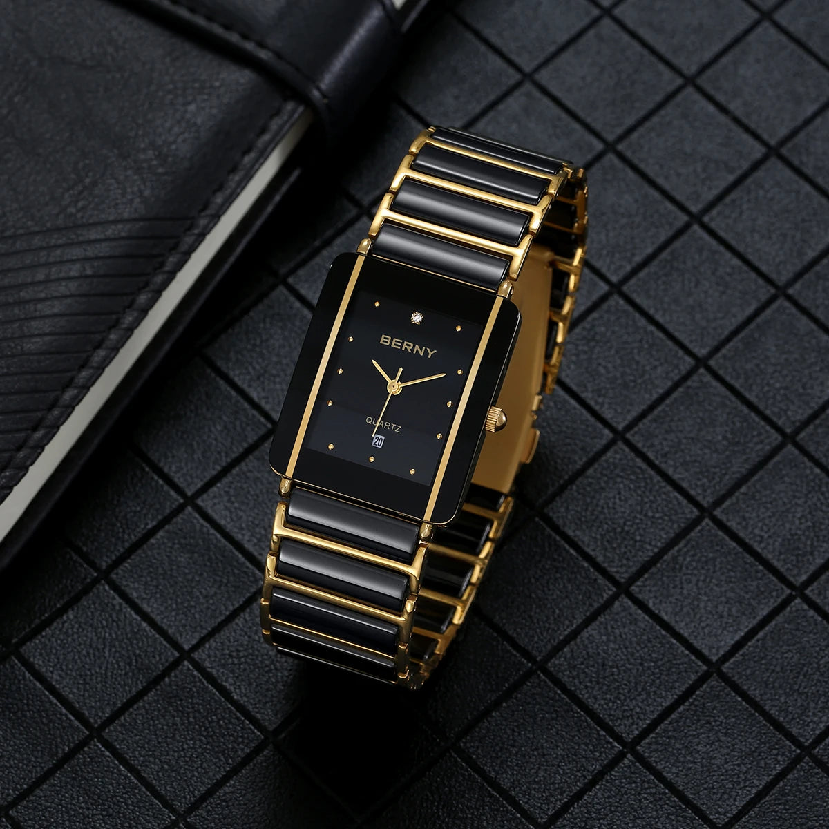 Couple's Luxury! BERNY Ceramic Quartz Rectangle Watch – Black Gold, Calendar, 30M Waterproof, Sapphire Coated Lens