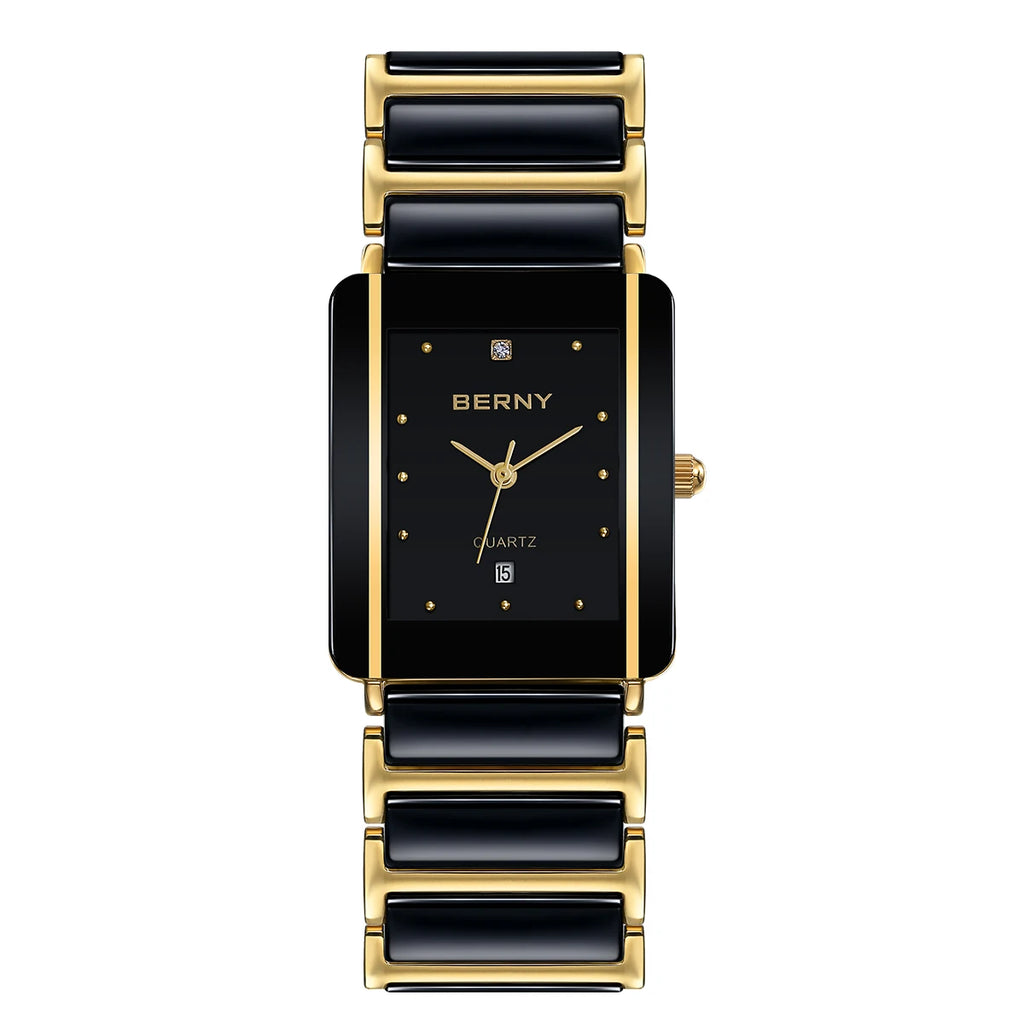 Couple's Luxury! BERNY Ceramic Quartz Rectangle Watch – Black Gold, Calendar, 30M Waterproof, Sapphire Coated Lens