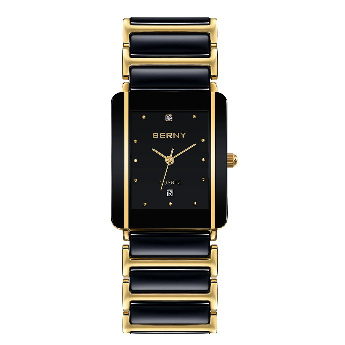 Couple's Luxury! BERNY Ceramic Quartz Rectangle Watch – Black Gold, Calendar, 30M Waterproof, Sapphire Coated Lens