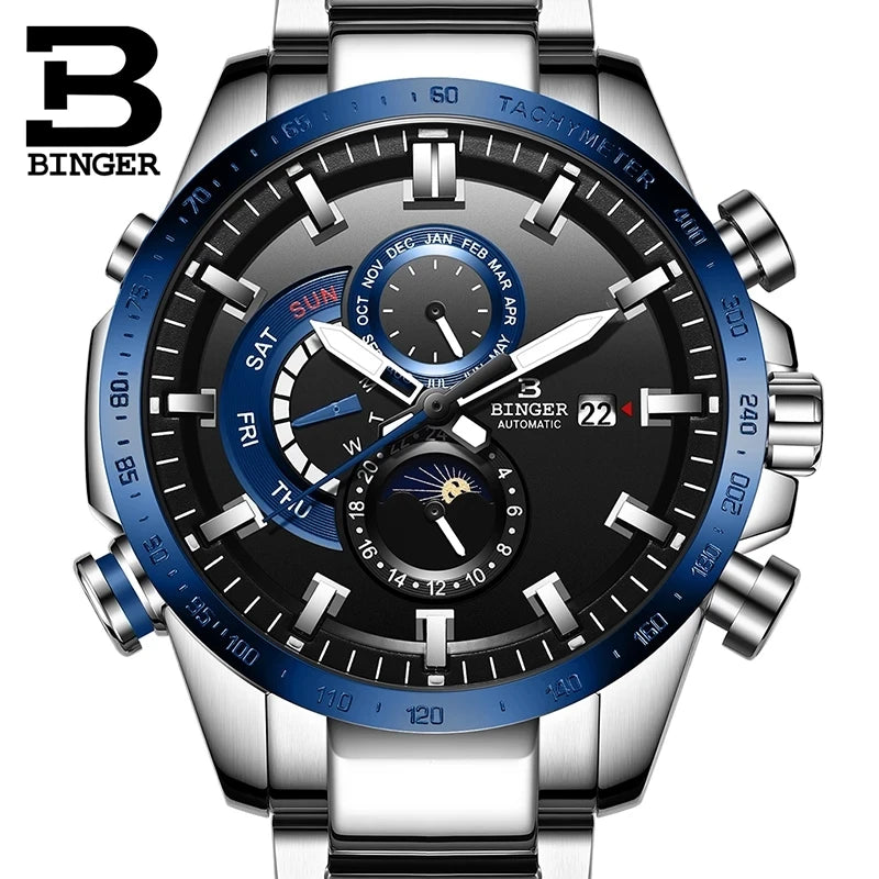 Genuine Luxury! BINGER Swiss Brand Automatic Mechanical Watch – Moon Phase, Luminous, Sapphire Crystal, 50M Waterproof
