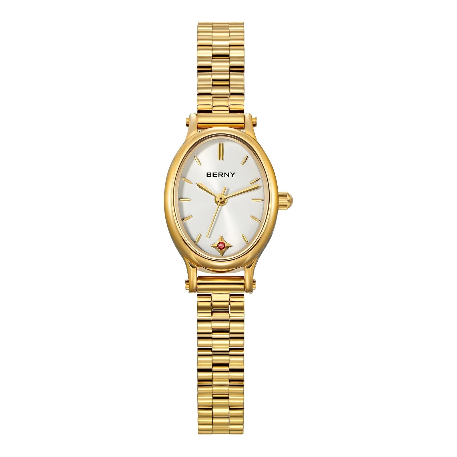 Jewelry Elegance! BERNY Gold Oval Quartz Watch for Women – Ruby Dotted Dial, Ultra-Thin, Butterfly Clasp, 30M Waterproof