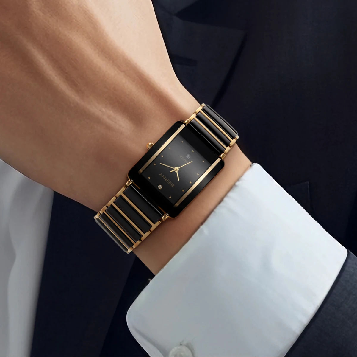 Couple's Luxury! BERNY Ceramic Quartz Rectangle Watch – Black Gold, Calendar, 30M Waterproof, Sapphire Coated Lens