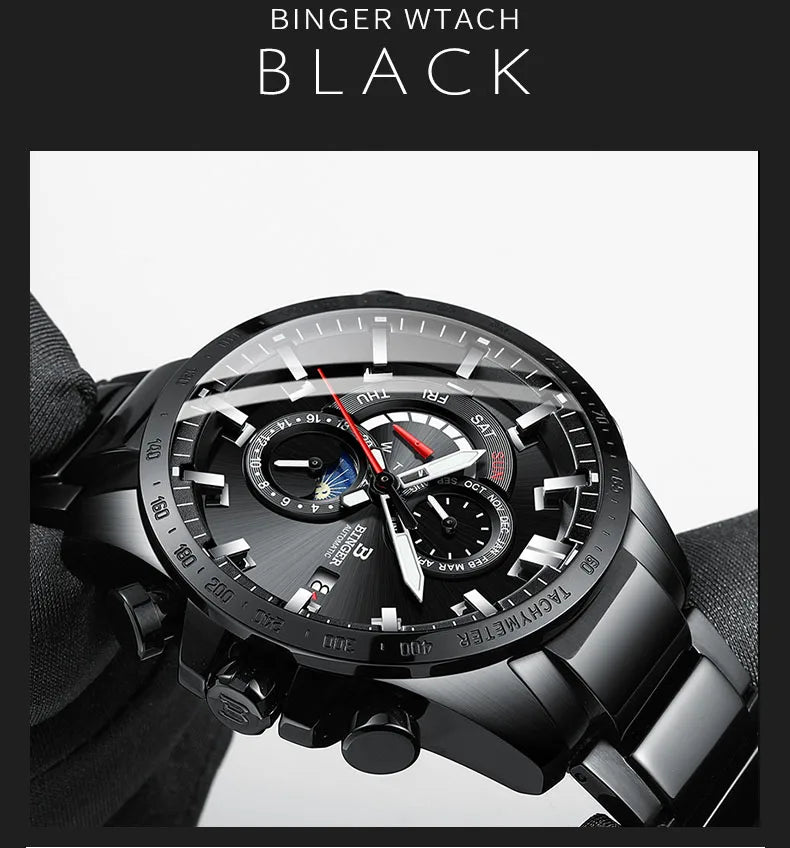 Genuine Luxury! BINGER Swiss Brand Automatic Mechanical Watch – Moon Phase, Luminous, Sapphire Crystal, 50M Waterproof