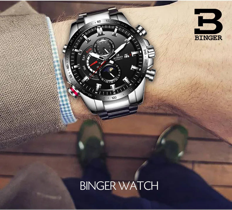 Genuine Luxury! BINGER Swiss Brand Automatic Mechanical Watch – Moon Phase, Luminous, Sapphire Crystal, 50M Waterproof