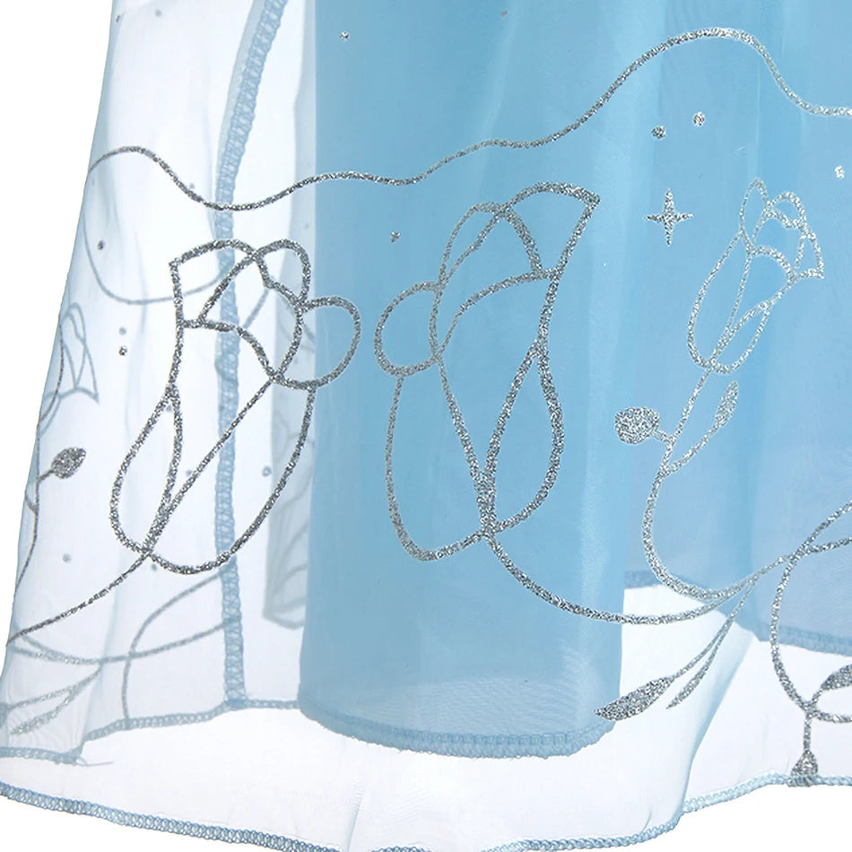 Dreamy Performance Gown! Little Girls' Cinderella Cosplay Dress – Blue Princess, Appliques & Bubble Sleeves