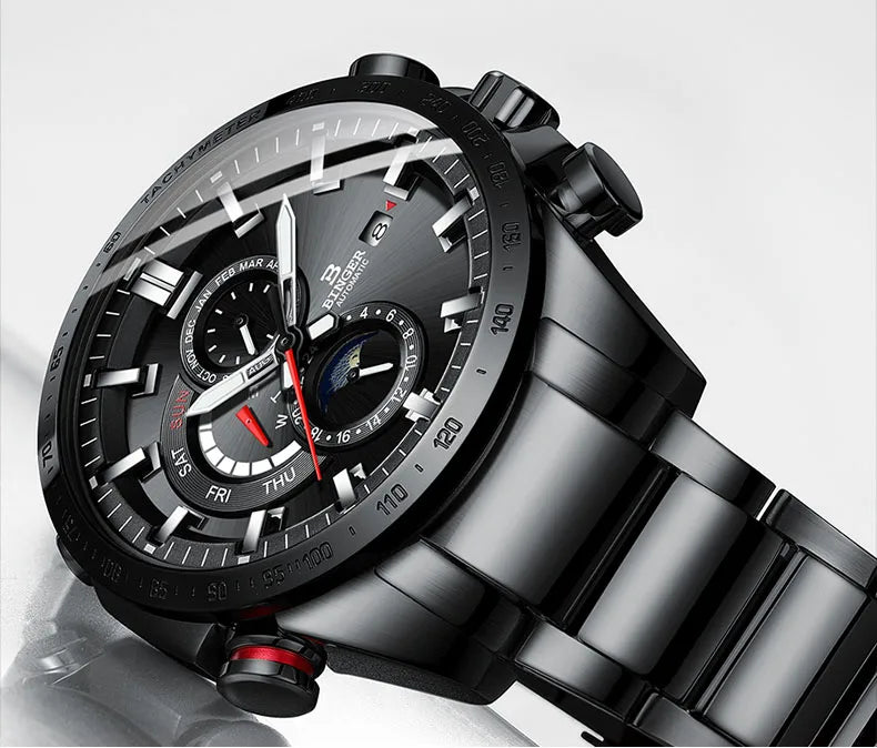 Genuine Luxury! BINGER Swiss Brand Automatic Mechanical Watch – Moon Phase, Luminous, Sapphire Crystal, 50M Waterproof