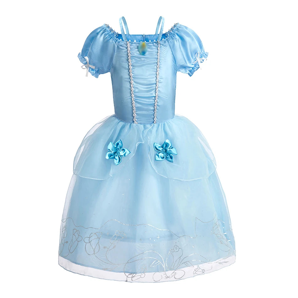Dreamy Performance Gown! Little Girls' Cinderella Cosplay Dress – Blue Princess, Appliques & Bubble Sleeves