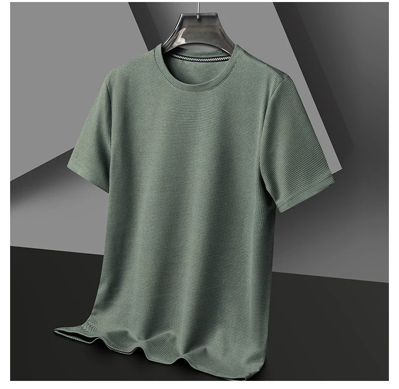 Texture & Comfort! New Summer Waffle Knit T-Shirt for Men – Breathable, Round Neck, Short Sleeve Casual Top