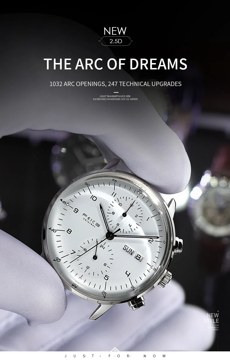 Bauhaus Elegance! FEICE FM121 Automatic Mechanical Dress Watch – Stainless Steel, Full Calendar, Domed Mirror Design
