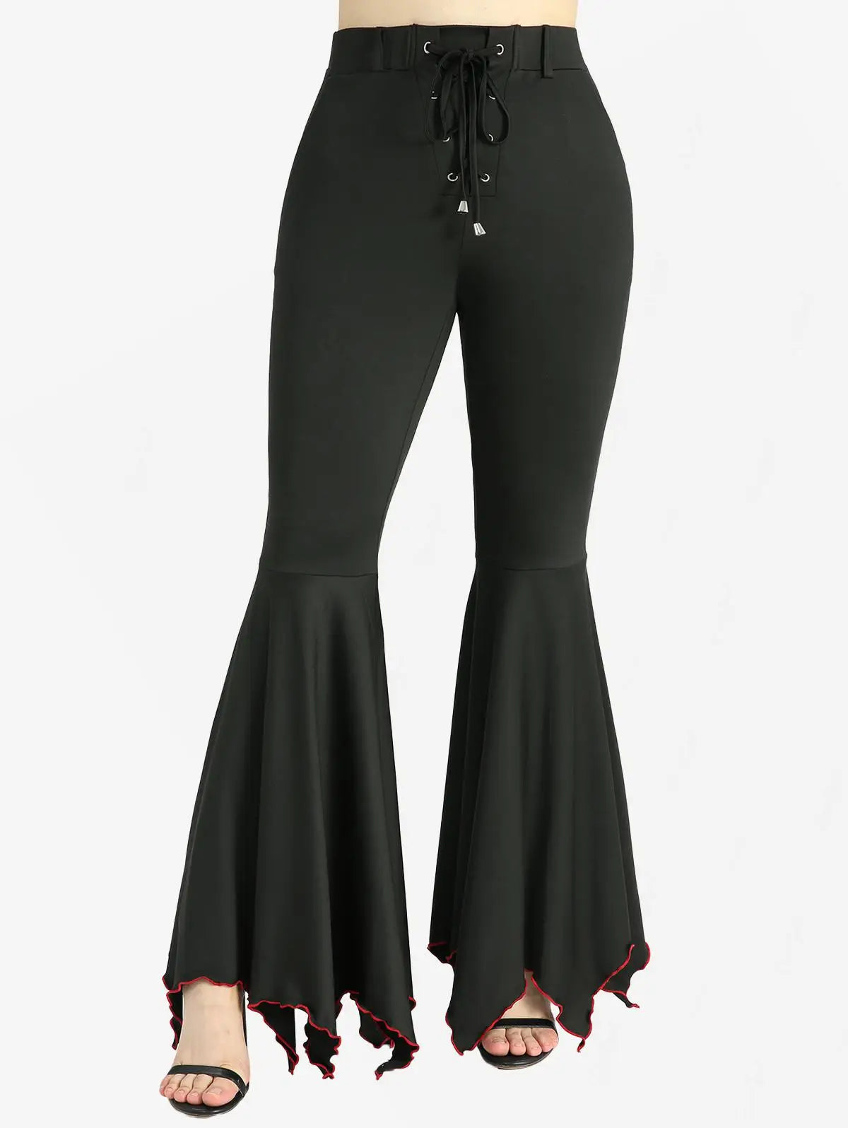 Rosegal Plus Size Lace-Up Contrast Piping Flare Pants – High Waist Wide-Leg Elegance