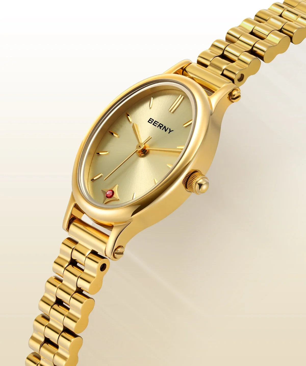 Jewelry Elegance! BERNY Gold Oval Quartz Watch for Women – Ruby Dotted Dial, Ultra-Thin, Butterfly Clasp, 30M Waterproof