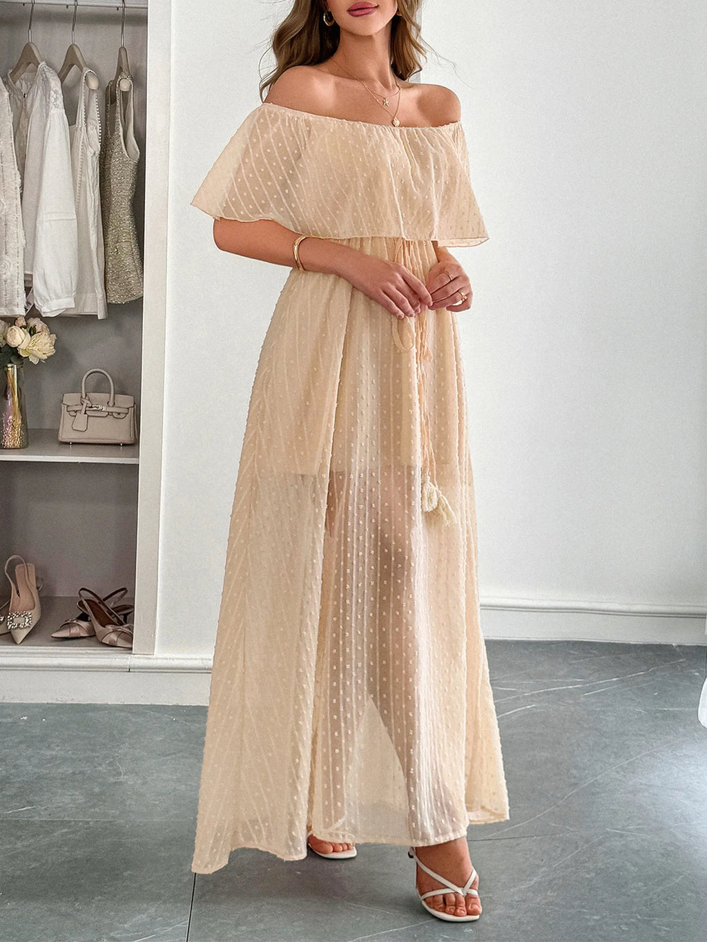 Effortlessly Chic! European A-Line Summer Dress – Elegant Slash Neck, Slim Fit, and Geometric Pattern