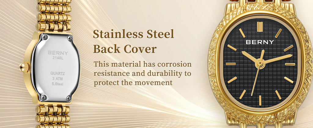 Slim Elegance! BERNY Oval Gold Quartz Ladies Watch – Swiss Movement, Ultra-Thin Case, Stainless Steel Bracelet, 30M Waterproof