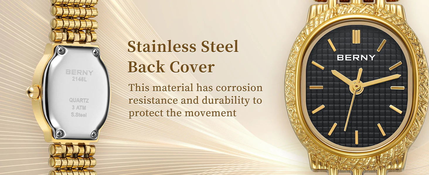 Slim Elegance! BERNY Oval Gold Quartz Ladies Watch – Swiss Movement, Ultra-Thin Case, Stainless Steel Bracelet, 30M Waterproof