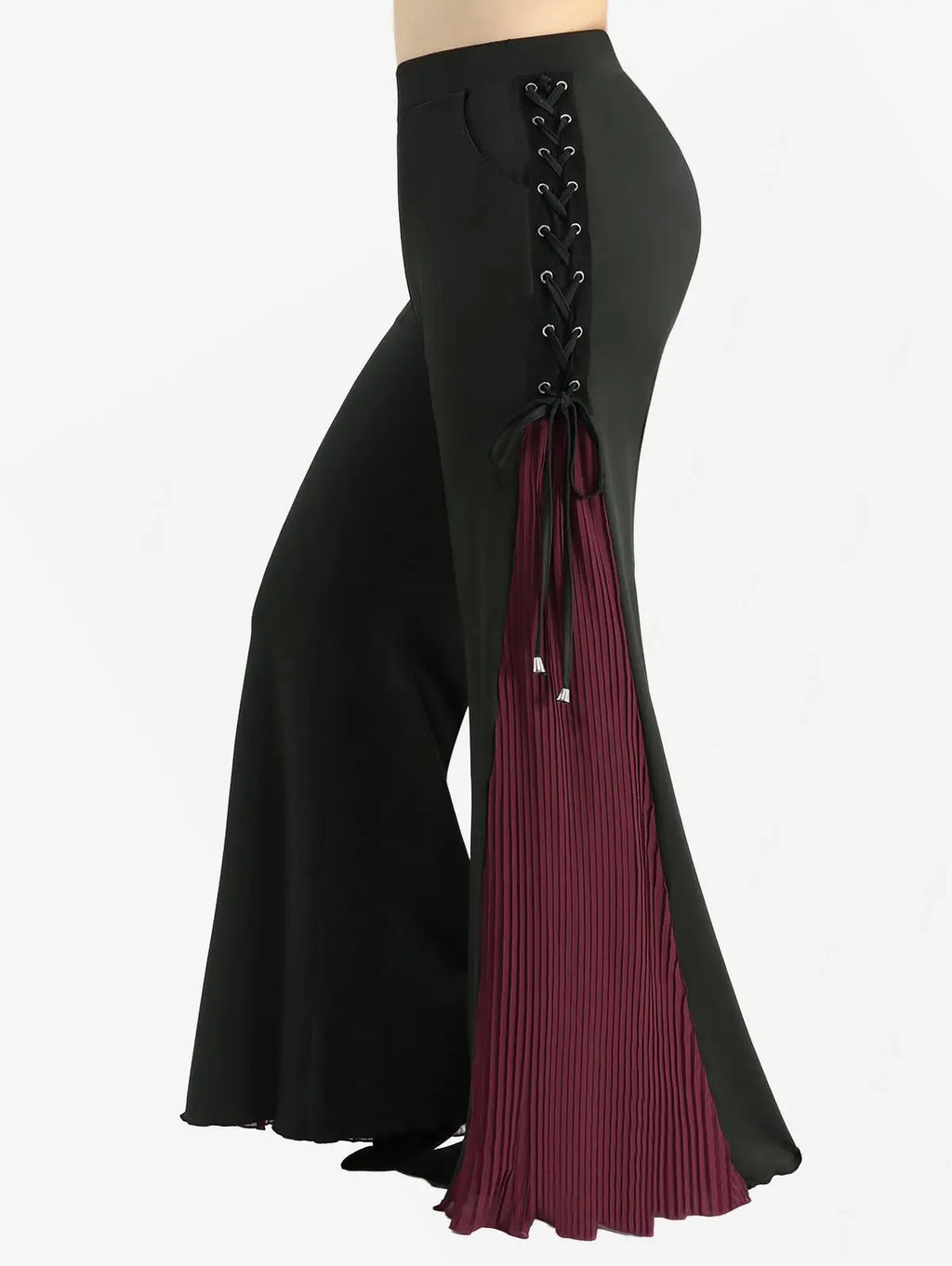 High Street Edge! ROSE GAL Plus Size Flare Pants – Grommets, Lace-Up & Pleated Patchwork Detail, High Stretch Comfort