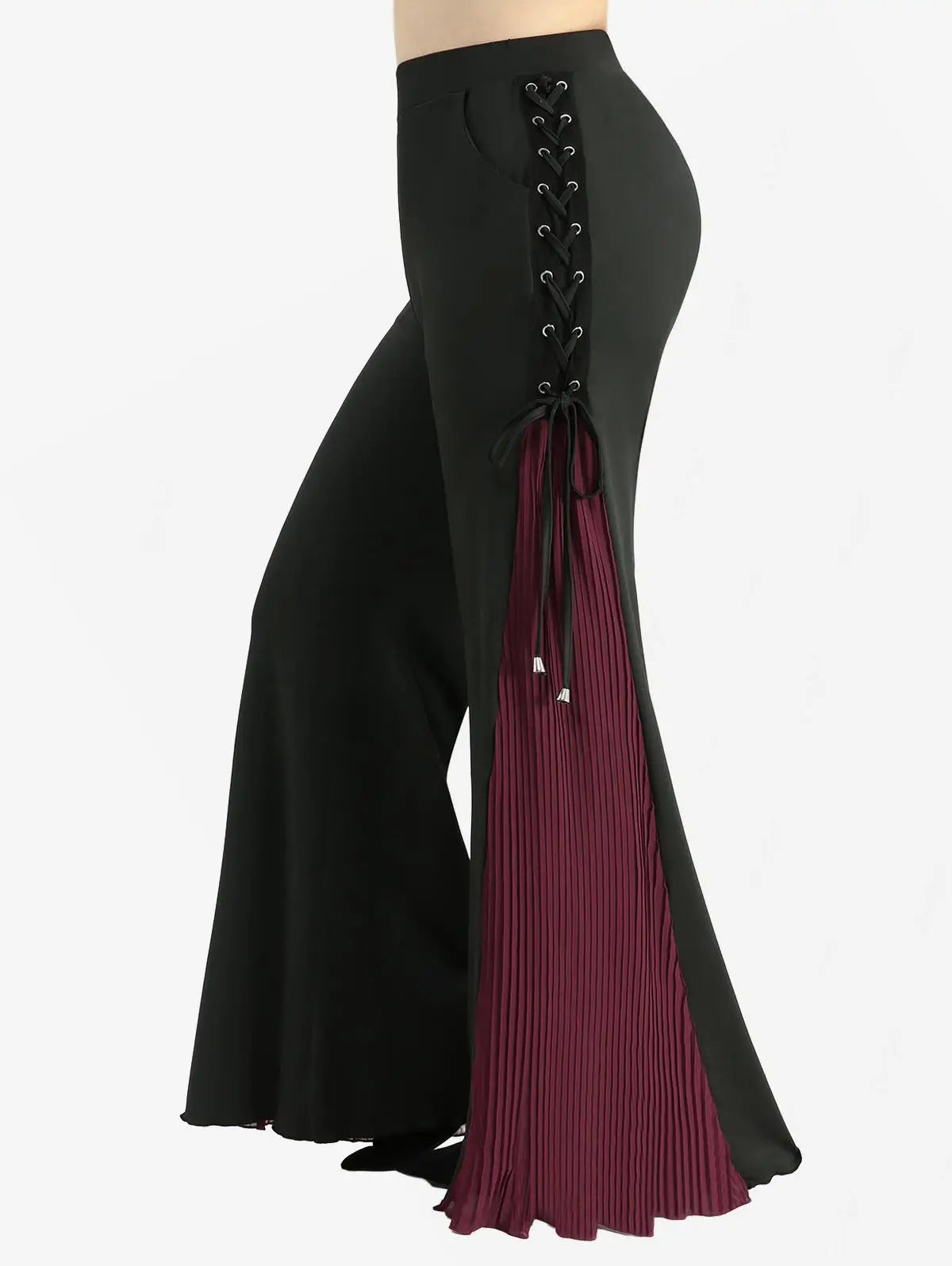 High Street Edge! ROSE GAL Plus Size Flare Pants – Grommets, Lace-Up & Pleated Patchwork Detail, High Stretch Comfort