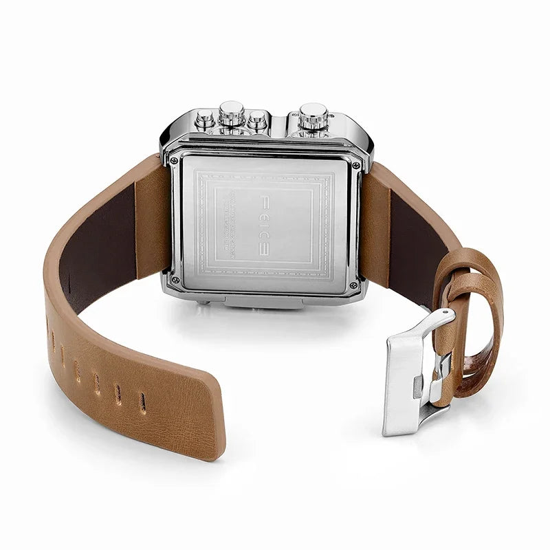 Statement Piece! FEICE FK030 Men's Big Square Dial Watch – Digital LED & Analog Display, Waterproof, Unique Leather Band