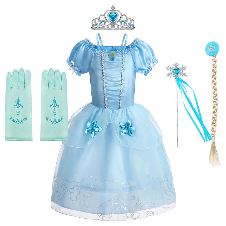 Dreamy Performance Gown! Little Girls' Cinderella Cosplay Dress – Blue Princess, Appliques & Bubble Sleeves