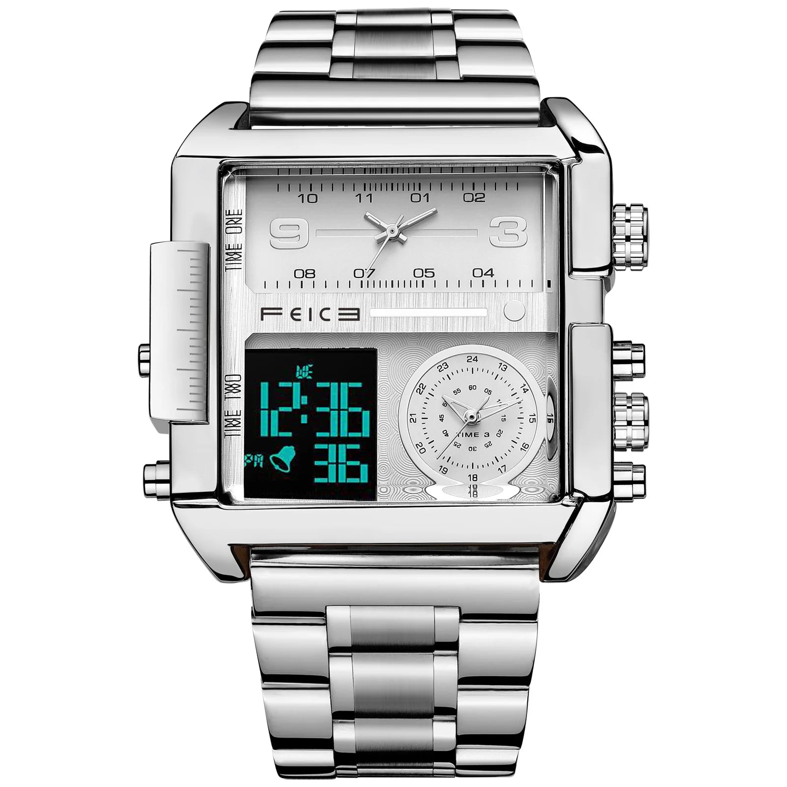 Statement Piece! FEICE FK030 Men's Big Square Dial Watch – Digital LED & Analog Display, Waterproof, Unique Leather Band